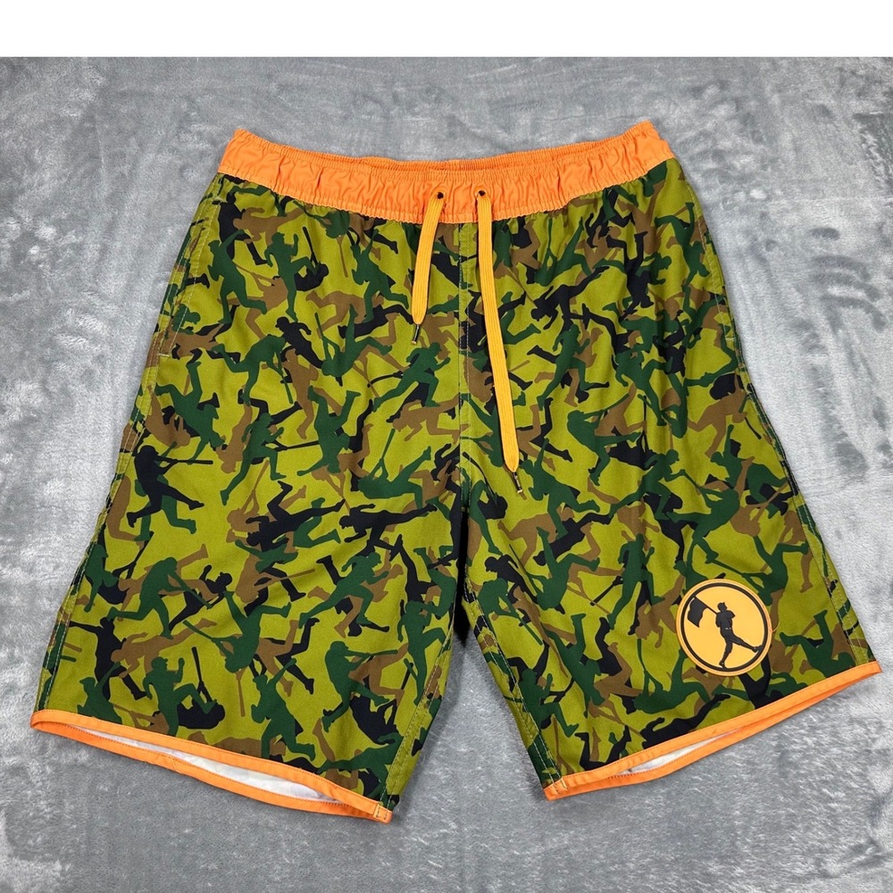 Baseballism Mens XL Board Shorts Green Camo Baseball Player Print Orange Trim